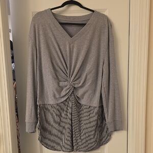Soho Heather Gray Knotted Blouse with Black Striped Hem